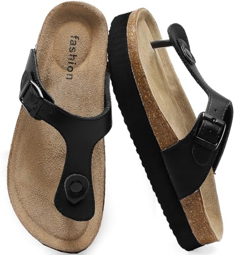 Foinledr Plateau Zehentrenner Damen – Bequeme Kork Fußbett Sandalen mit Verstellbarer Schnalle, Rutschfeste Sommer Schlappen & Stylische Flip Flops für Frauen