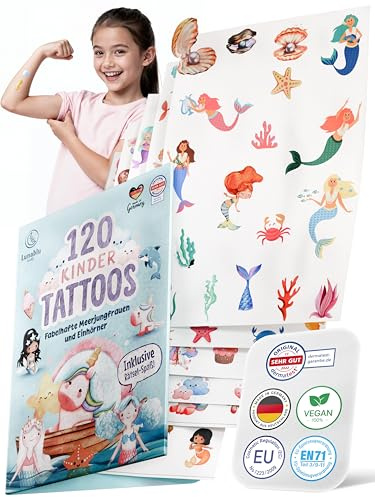 Lunablu 120 hudvänliga barntatueringar [Dermatologiskt certifierade] tillverkade i Tyskland | Present till barn | barntatueringar för pojkar och flickor | tatuering – enhörningar och sjöjungfrur