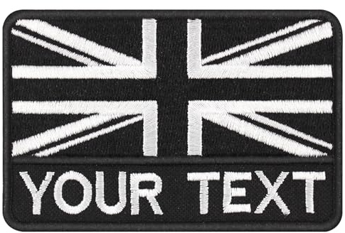 2-Pack Personalised British Union Flag Patches with Custom Text - Black Tactical Embroidered Applique Hook & Loop/Iron-On Backing for Military Uniforms & Casual Wear (White)