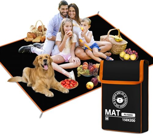 RUVVDR Telo Picnic Impermeabile Coperta Picnic Leggero Telo Mare con 4 Picchetti A Terra，Stuoia Spiaggia per Campeggio, Parco, Giardino, Montagna, Viaggi,Lavatrice,Pieghevole (Nero, 150 X 200 CM)