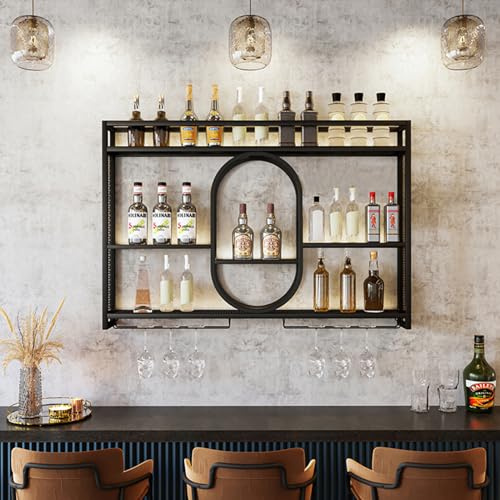Zanefoo Botellero de Metal con portavasos de Pared,Estante de Vino Montado en la Pared con Luz LED Almacenamiento Moderno de Vino para Bar doméstico, Cocina, Catering(Black,1m)