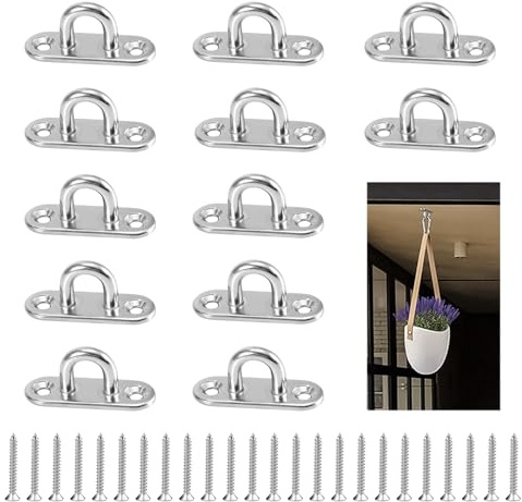 12 Pack Pad Eye Plate Stainless Steel, Marine Hardware Hooks Ceiling, Heavy Duty Pad Eye M5 U Shaped Bracket Hooks for Hanging Wall Mount Marine Hardware with 24 Screws for Home Garden Boat (Silver)
