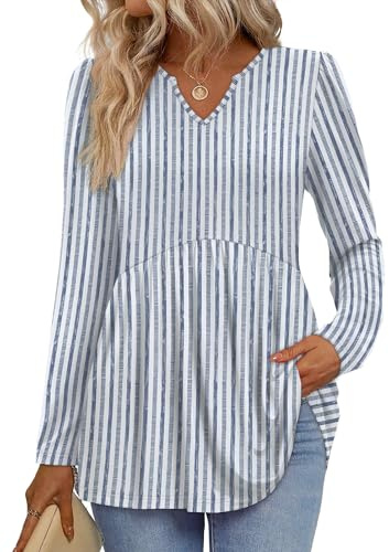 Blouses for Women Dressy Casual Long Sleeve Babydoll Tops Fall Plus Size Womens Clothing Blue Striped 2XL