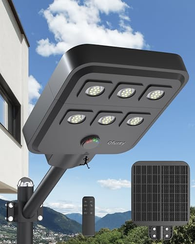 Ofuray Of-5000W Lampadaire Solaire Exterieur avec Detecteur de Mouvement | 6500K Projecteur Led Solaire Puissante, IP67 Étanche Lampe Solaire Extérieurs pour Jardin, Cour , Garage