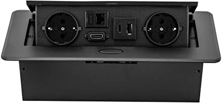 Enchufes de 2500 W, Regleta de enchufes empotrable 6 enchufes, Enchufe retráctil con 2 enchufes Europeos, Toma de Mesa USB-A y USB-C, LAN y HDMI, Enchufe múltiple para Cocina, salón y Oficina