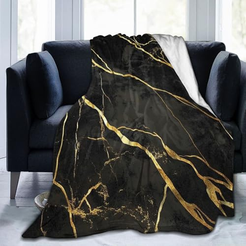 Mexpekil Coperta morbida e accogliente in pile di flanella, per divano, letto, campeggio, viaggi, 150 x 125 cm, colore: nero e oro