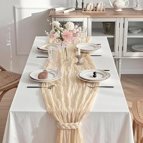 Beige Tischläufer, 2 Stück Käsetuch Tischläufer Boho Gaze, Musselin Tischdeko für Hochzeit Geburtstag Weihnachten Silvester & Party(90x300 cm)