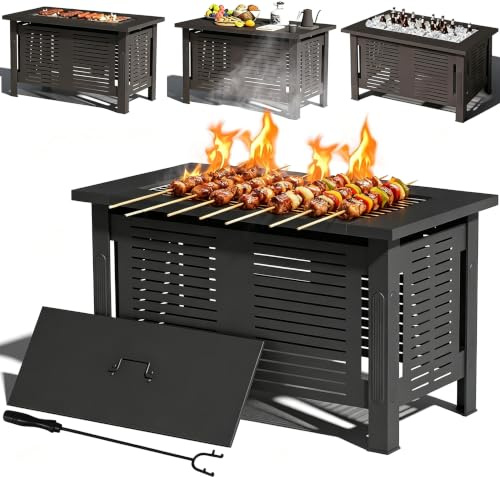 YODOLLA Feuertisch mit Grillrost & Grillzange für Heizung/BBQ Grill | 108x58x63cm Metall Feuerschale, 3-in-1 Holzbrennender Gartenfeuerstelle als Tisch für Gartenpartys verwenden, Schwarz