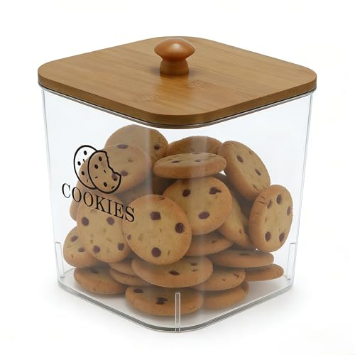 Mowhut Cookie Jars with Wooden Lids Airtight, 2L Plastic Cookie Tin, Wide Mouth Candy Jar, Kitchen Counter Food Storage Container, Cute Jar for Gift Giving, BPA-Free, Clear