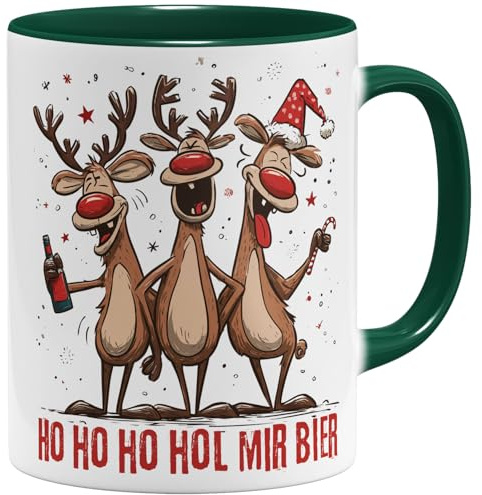 OM3® lustige Weihnachts Kaffee-Tasse mit Spruch - Ho Ho Ho Hol mir Bier - betrunkene Rentiere Christmas - Keramik Becher - 325ml - Beidseitig Bedruckt - Grün