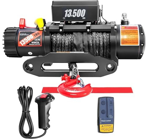Argano elettrico da 12 V, capacità di carico 13500 libbre, verricelli traino in corda sintetica for camion, SUV, con maniglia cablata e telecomando wireless