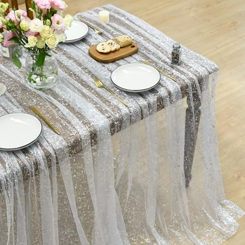 Artoid Mode Gaze Tulle Pellicola Glitter Bianco Argento Tovaglia Rettangolare 150 x 303 cm, Paillettes Argento Biancheria Da Tavola Cucina Vacanze Party Decor