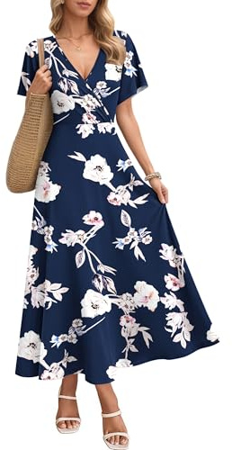 AUSELILY Maxi Dress for Women UK Short Sleeve Elegant Dress V Neck Sundress with Pockets