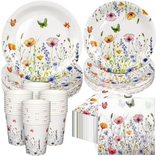 250 Stück Wildblume Partygeschirr Set, Party Geburtstag Pappteller-set mit Pappteller PappTassen Servietten, Partygeschirr Supplies Set für Picknick Hochzeit Geburtstag Teeparty (Weiße Blüten)