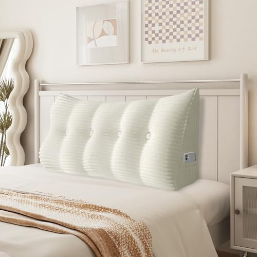 BNCKTRD Keilkissen Sofa Dicklich Rückenkissen Lesekissen für Bett und Couch, Rückenlehne Kopfende, Dreieckiges Sofakissen Bücherkissen, Wandkissen für Bett Herbst Winter, Kordsamt Weiß 120cm