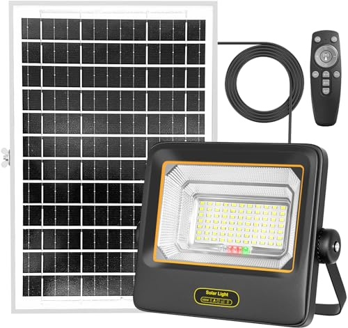 TOPBOS 100W Focos LED Exterior Solares con Control Remoto,Indicador de Batería,7 Modos,IP67 a Prueba de Agua con Cable de 4.2m,Luz Solar Exteriorpara Garaje,Jardín,Puerta de Entrada,Patio y Césped