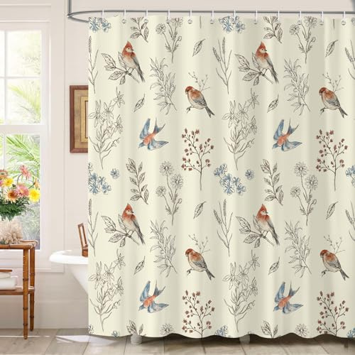 Dazzlewall Tenda Doccia Erbe & Uccelli 180 x 180 cm, Beige Botanico Tenda Bagno, Impermeabile Antimuffa Tessuto con 12 Ganci | Neutral Botanical, tessuto in poliestere impermeabile, 183 x 183 cm, ad asciugatura rapida, lavabile in lavatrice
