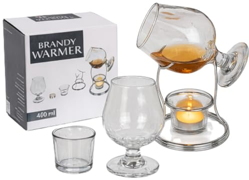 LND Gifts Brandy Warmer Set 400ml Snifter Glass with Metal Stand and Tealight Holder, Cognac and Whiskey Heating Stand, Spirit Warming Glass for Aroma and Flavour, Home Bar Gift for Men and Dad