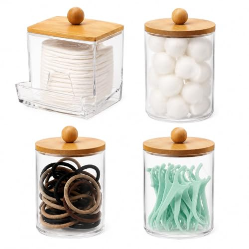 4 PCS Cotton Pad Holder Set, Clear Cotton Bud Swab Ball Holder with Bamboo Lids, Cotton Bud Holder and Cotton Ball Storage Jars, Bathroom Qtip Dispenser Organiser for Vanity, Makeup Table, Countertop