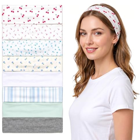 Uliya Wide Headbands for Women 8PCS Stretchy Soft Elastic Hair Bands | Non-Slip Breathable Head Wraps Cute Cherry Flower Striped Pattern Hair Accessories for Girls Sports Yoga Running Daily Wear