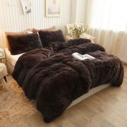 XeGe Plush Shaggy Brown Duvet Cover, Luxury Ultra Soft Velvet Fuzzy Bedding 1PC(1 Faux Fur Duvet Cover), Fluffy Furry Comforter Cover for Bedroom Home Decoration, Zipper Closure(Queen, Coffee)
