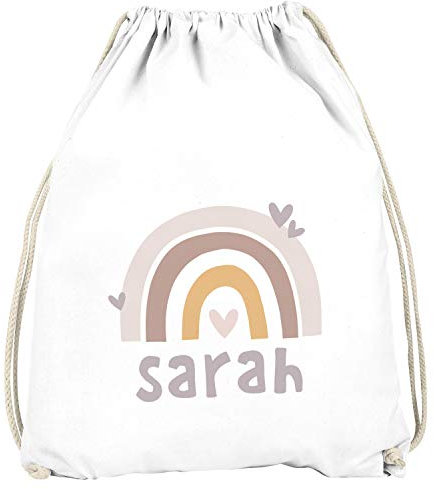 SpecialMe® Kinder Turnbeutel Regenbogen mit Namen Herzen Skandi Stil personalisierte Geschenke Mädchen Jungen weiß-braun Unisize