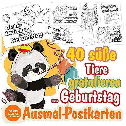 Geburtstags-Postkarten zum Ausmalen für Kinder, mit lustigen Tieren | (Format Din A6)