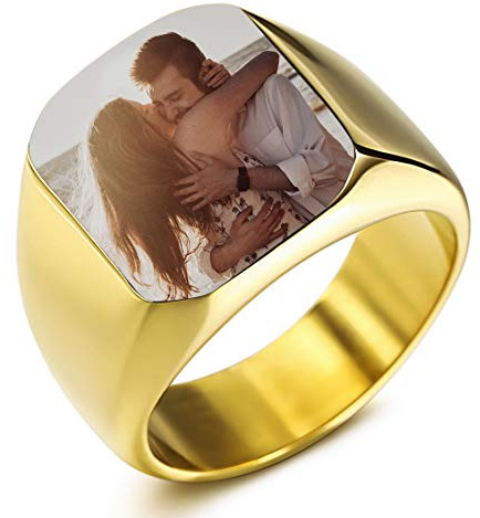 INBLUE Personalisierte Siegelring Gravur Farbbild/Schwarzes Bild/Keine Gravur Benutzerdefiniert Foto für Männer Jungen Frauen Mädchen Memorial Edelstahl-Schmuckpaket mit Ring Größen Einstellen