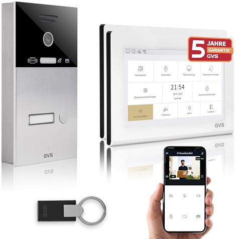 GVS IP Video Türsprechanlage mit Türöffner, RFID, 2X 7 Zoll Monitor & App | Smarte Video Türklingel mit Kamera und Monitor & App - Gegensprechanlage für 1 Familienhaus (AVS4454A)