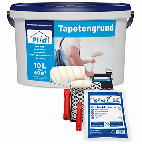 Plid® Tapetengrund Weiß matt Grundierung Haftgrund Tapeziergrund - Voranstrich zum Ausgleichen von Farbtonunterschieden des Untergrundes vor dem Tapezieren - Made in Germany 10l - Anstreichset