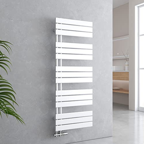 EMKE Radiador de baño plano, 1320 x 500 mm, blanco, calentador de toallas para cuarto de baño, toallero, conexión lateral para agua, 661 W