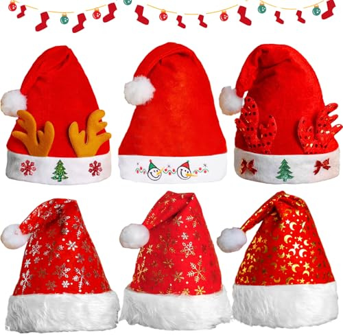 Counius 6 Stücke Weihnachtsmützen rot Geweih weihnachtsmannmütze Set weihnachts mütze für Kinder Erwachsene Schneeman Weihnachten Nikolausmütze Weihnachtsfeier Verziert Hut
