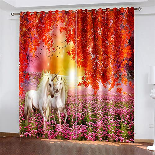 MTBDyyds Verdunkelungsvorhänge 3D Drucken 280X160Cm Bunt Blumig Einhorn Verdunklungsvorhänge Kinderzimmer 2 Stück Vorhang Blickdicht Ösenschal Kindergardinen Junge Verdunklungsgardine