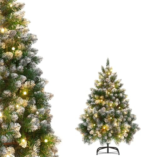 Aufun Weihnachtsbaum künstlich mit Beleuchtung, 150cm Tannenbaum künstlich mit Schnee und Kiefernzapfen, Edeltanne Schnellaufbau, inkl. Christbaum Ständer
