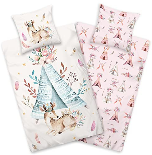 Aminata kids Bettwäsche 135 x 200 Kinder Tier-Motiv mit REH und Tipi Mädchen Baumwolle, Reißverschluss, Kinder-Wende-Bettwäsche-Set Indianer, weich, Pastell rosa