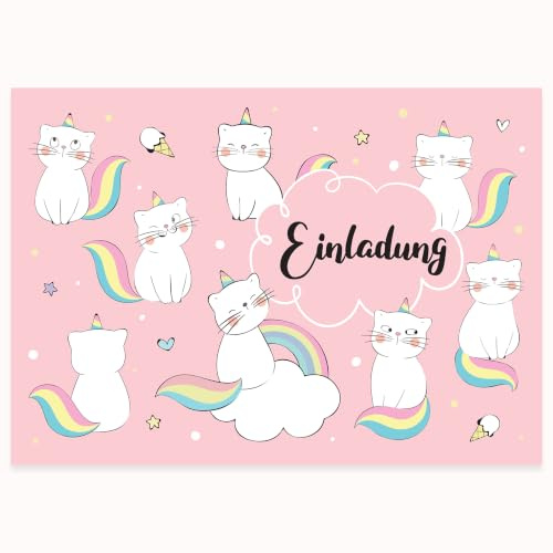 Edition Colibri Einladungskarten Einhorn Katze A6, 10 Stück Einhorn und Katzenmotive mit Regenbogen für Kindergeburtstag Mädchen, Partyeinladungen Geburtstagskarten & Geburtstageinladungskarte
