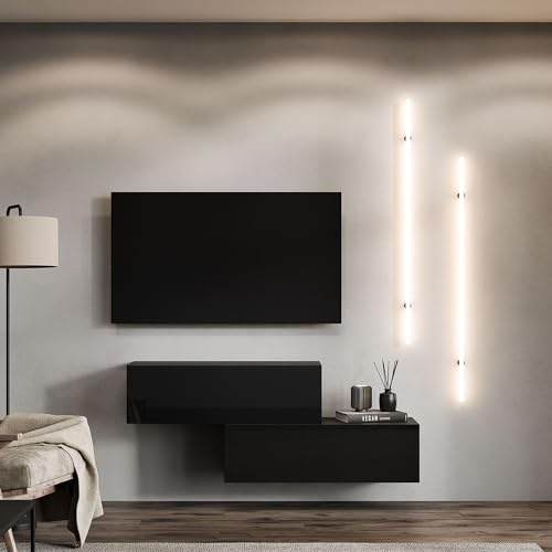 Planetmöbel, parete attrezzata per TV e soggiorno, 2X 100 cm, nero, moderna, armadio TV con 2 ante per ripostiglio, sospeso o a terra