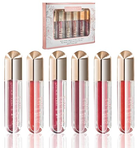 EnMart 6 Farbe Lippenstift, Matt Liquid Lippenstift Set, Metallic Glanz Finish, Velvet Nude Lipstick Kit Rose Pink Waterproof Long-Lasting Non-Stick Cup Not Fade Shimmer Lip Gloss Lip Glaze for Women