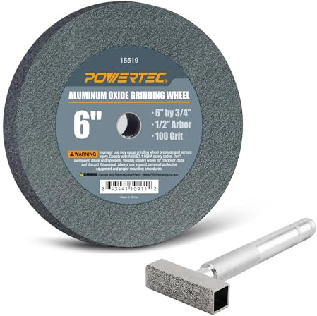 POWERTEC Bench Grinder Wheel + Diamond Wheel Dresser 6 Inch 100 Grit, Aluminum Oxide Grinding Wheel for Bench Pedestal Grinder, 3/4 Thick 1/2 Arbor, Sharpening & Shaping Blade, Chisel & Drill Bits