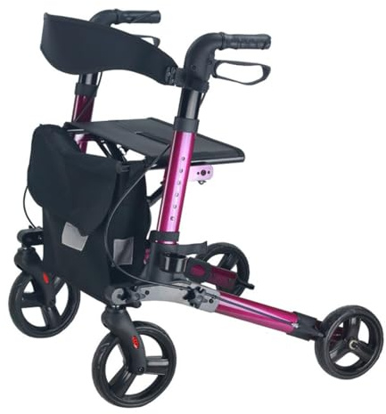 Déambulateur Pliable avec 4 Roues,Déambulateur d'extérieur,Rollator en aluminium léger,Chaise de transport Rollator réglable en hauteur,pour l'extérieur et les voyages deep magenta