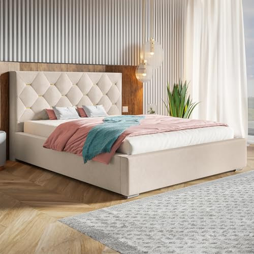 MOTIVENA Bianco Polsterbett 180x200 Beige, Polsterbett 180x200 Samt, Polsterbett 180x200 mit Bettkasten, Polsterbett 180x200 mit Stauraum, mit Lattenrost, mit Kopfteil, ohne Matratze, Beige