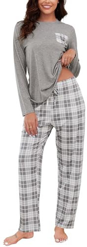 Reliwel Dampyjamas, lång, av bomull, rutig pyjamas för kvinnor, tvådelad, nattkläder, långärmad tröja och rutiga pyjamasbyxor med fickor, sovkläder, fritidsoverall för höst och vinter, GRÅ, L