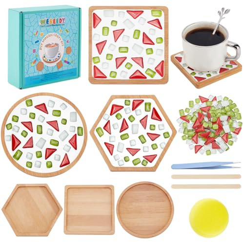 WEBEEDY 3 Set DIY Weihnachtstag Mosaik Kit Mosaikuntersetzer Herstellungsset Glasmosaik Mit Bambusuntersetzer Einfaches Und Spaßiges Mosaikhandwerk Zubehör Für Mosaik Weihnachtsdekorationen