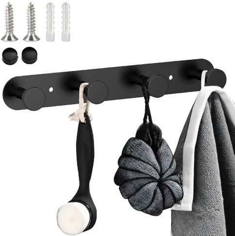 MnuCyiPiu Perchero de pared de acero inoxidable para dormitorio, con tornillo y adhesivo, para colgar abrigos con 4 perchas para puerta de baño, ropa, toalla, albornoz, color negro