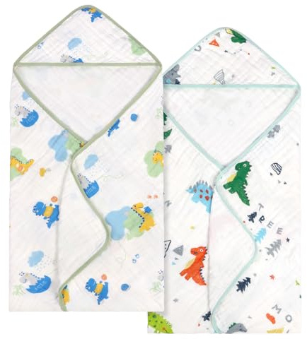 decalsweet 2 Stück Badeponcho Kinder, 100% Musselin Baumwolle Kapuzenhandtuch Baby Atmungsaktiv und Saugfähig, Badeponcho Baby Handtuch mit Kapuze für Neugeborene, 90×90cm(Cartoon Dinosaurier)