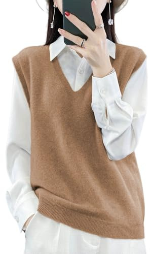 Ailaile Dam V-ringad stickad tröja väst 100 % merinoull lätt ärmlös pullover basväst korta toppar, Guld kamel, M