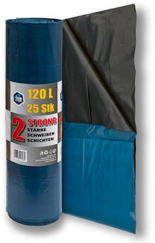 PAM-FOLIE Extra Starke Müllsäcke 120L - 25 Stück - Große, Dicke Abfallsäcke - 70x110cm - Doppelschicht - schwarzer, blauer Müllbeutel - Bauschuttsäcke - Bauschuttsäcke, universal