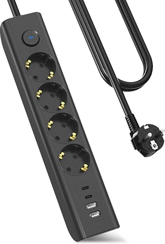 Grenuttag 8 n 1 flera uttag med USB, 3 680 W grenuttag med strömbrytare, 16 A flera kontakter med 2 USB C, väggmonterat uttag fördelningsuttag för smartphones, iPAD, 1,8 m kabel svart