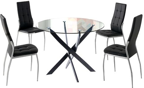 Miroytengo Pack Mesa de Comedor Redonda Cristal con 4 Sillas Estilo Moderno Muebles de Comedor en Color Negro