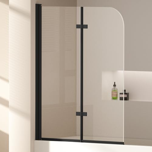 EMKE Paroi de douche pour baignoire 110x140 cm, Cadre Noir,pliant 2 parties